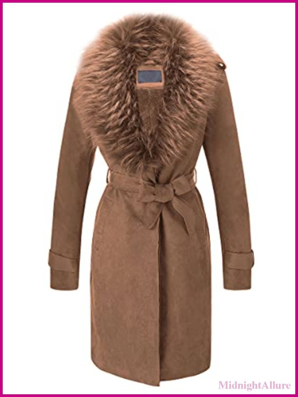Faux Suede Leather Fleece Lined Belted Trench Coat with Detachable Fur Collar